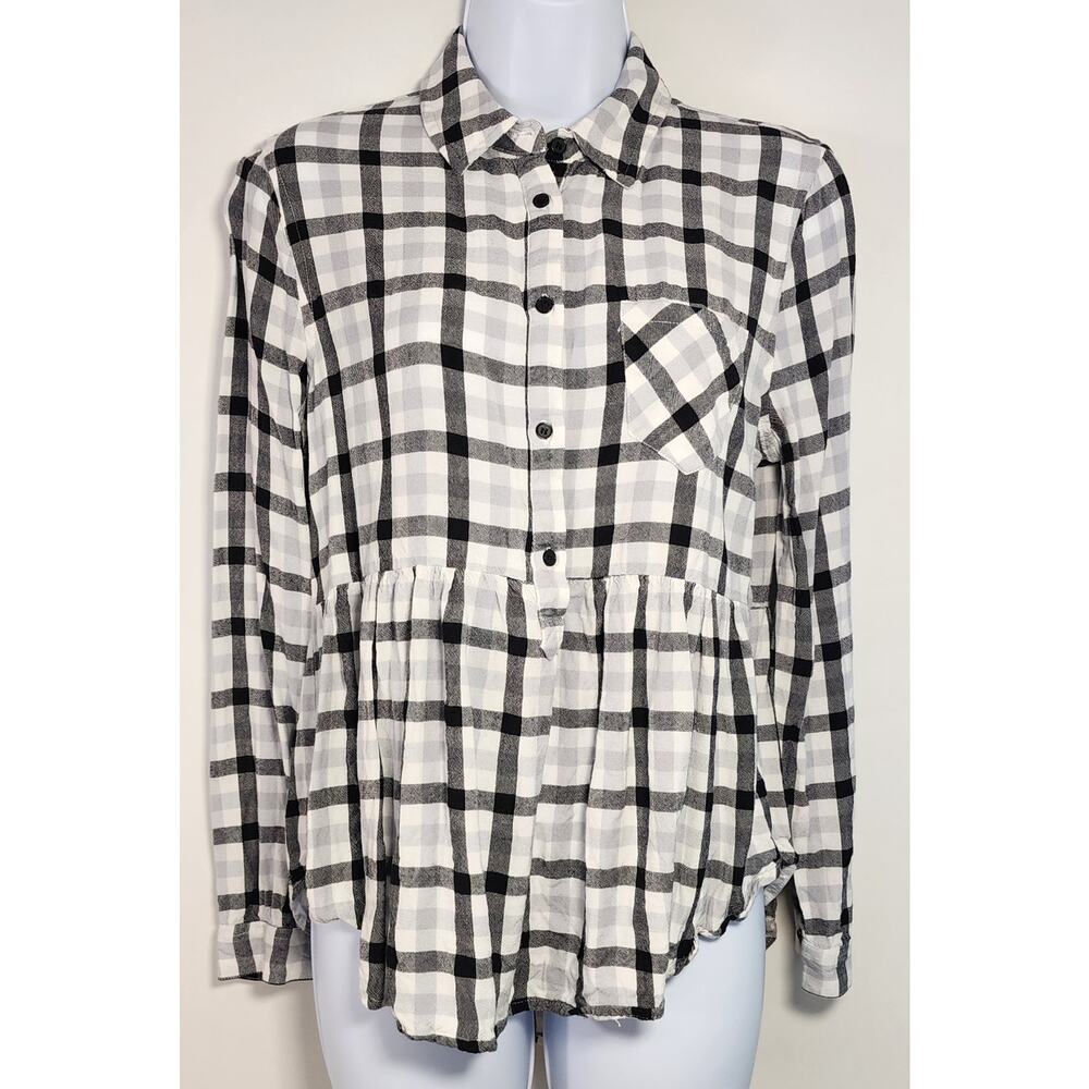 Falls Creek Plaid‎ Peplum Button Front Blouse Black White M